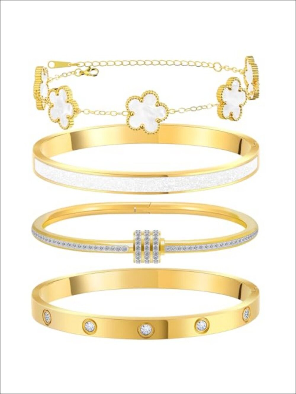 18K Gold Plated Stainless Steel Bracelet Set Stackable Clover Tennis Bangle